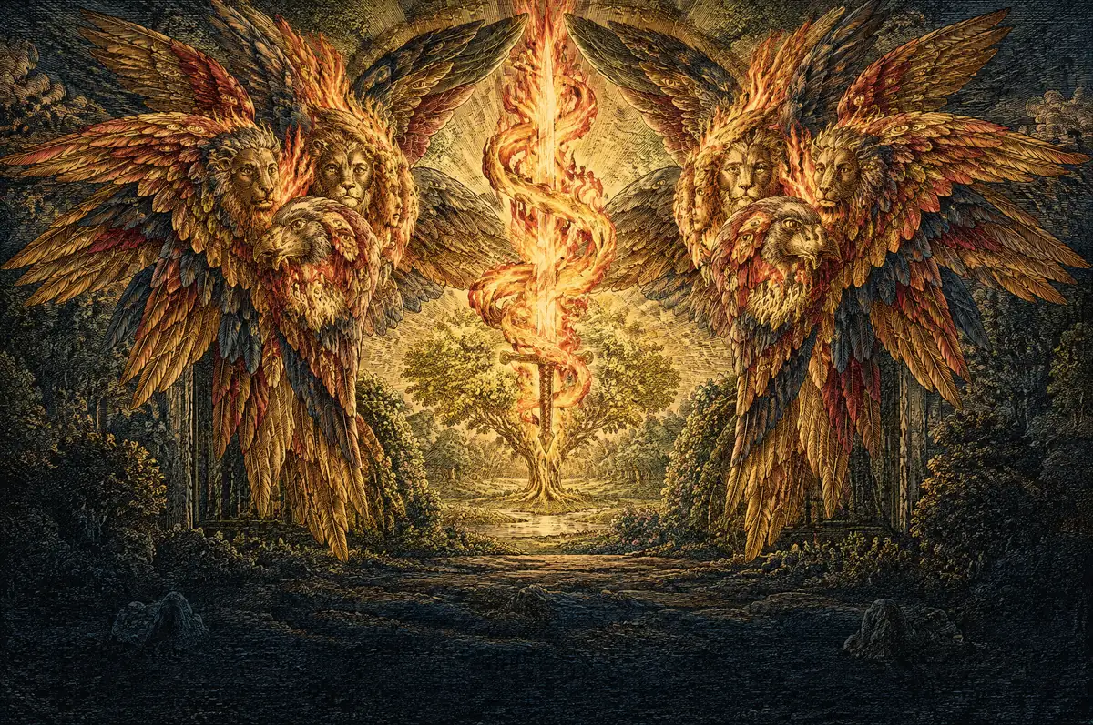 A painting of the cherubim at the east of Eden with the flaming sword that turned every way, keeping the way of the tree of life.