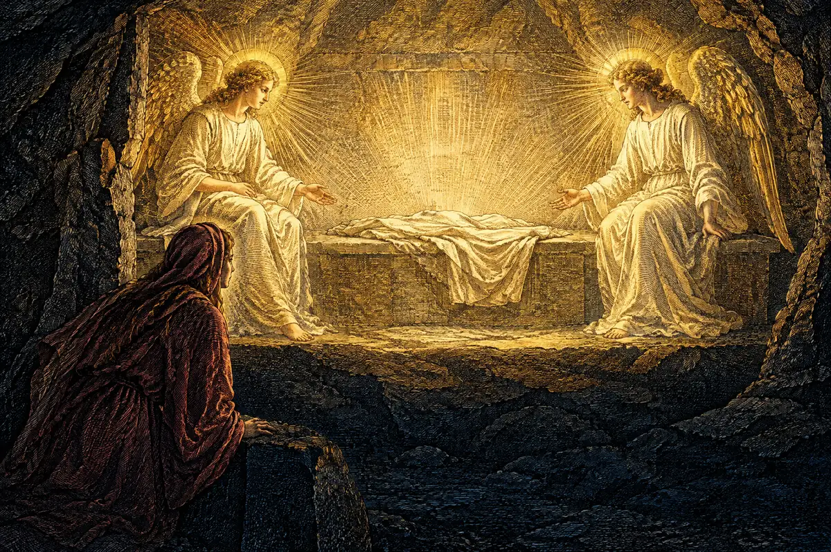 A painting of two angels in white sitting in the empty tomb, one at the head and one at the feet, as Mary looks in.