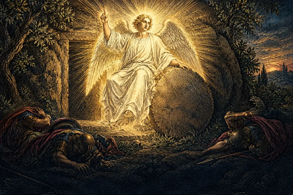 A painting of the angel of the Lord sitting on the stone rolled back from the tomb, his face like lightning and his robe white as snow.