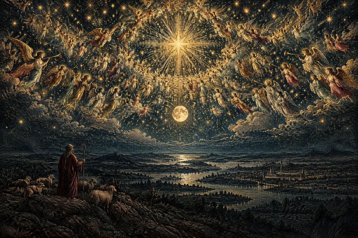 A painting of a lone shepherd under the night sky, the moon and the stars above him among a company of shining angels.