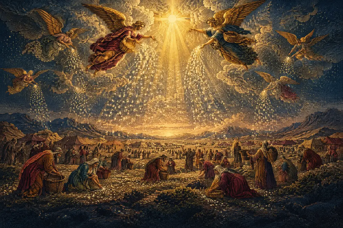 A painting of manna falling at dawn over the camp of Israel in the wilderness, angels scattering the bread of heaven.