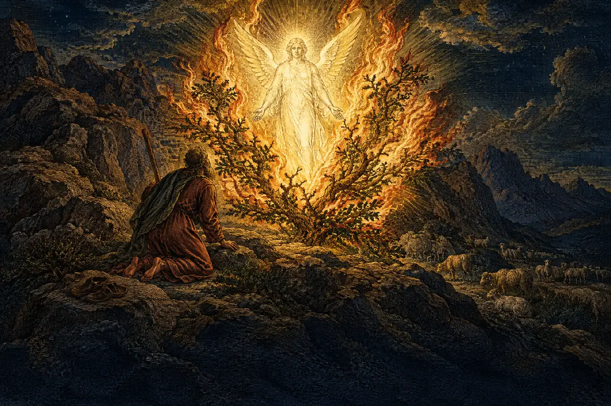 A painting of the angel of the LORD in the flame of the burning bush, Moses kneeling barefoot before it.