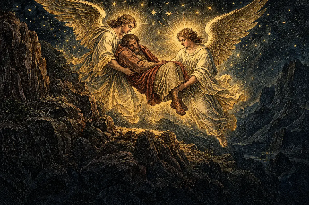 A painting of angels bearing a traveler up in their hands over a rocky mountain path at night.