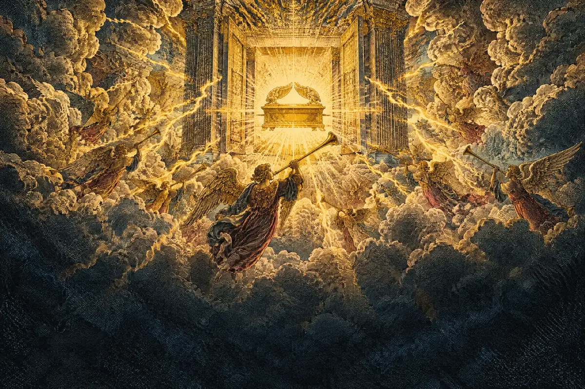 A painting of the seventh angel sounding his trumpet as the temple in heaven opens and the ark of the covenant is seen.