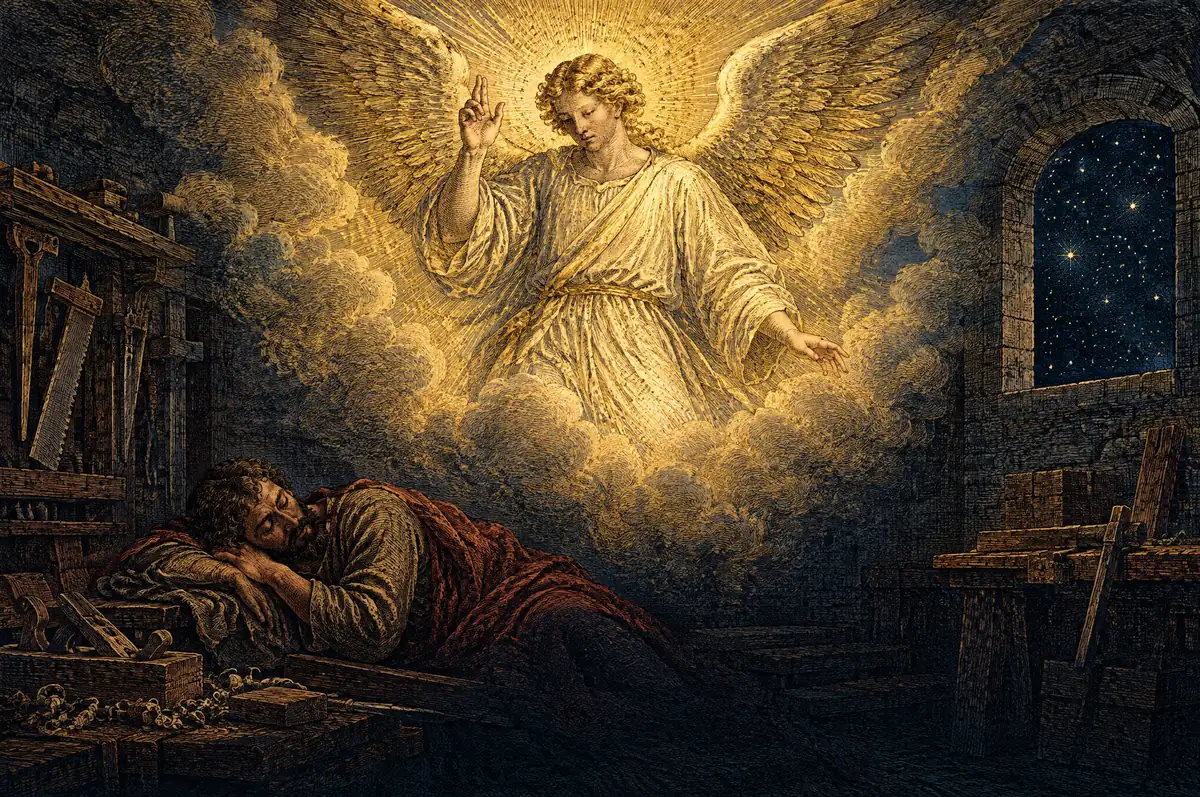 A painting of the angel of the Lord appearing to Joseph in a dream as he sleeps in his carpenter's workshop.