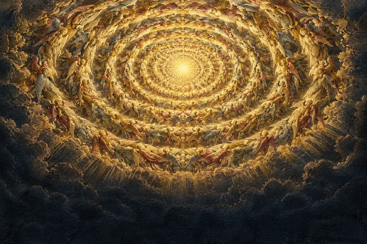 A painting of the countless angels round about the throne, ring upon ring of light rising into the heights of heaven.