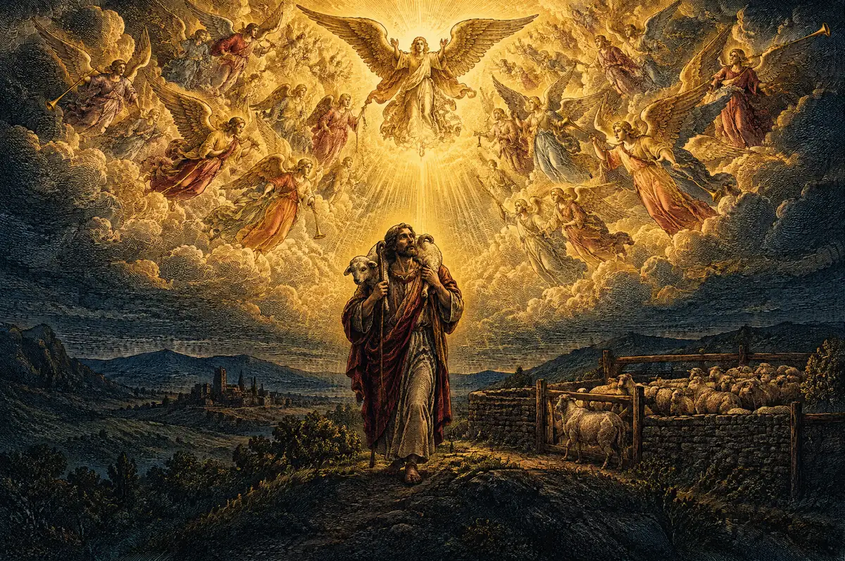 A painting of a shepherd carrying a lost lamb home on his shoulders at dusk, the sky above full of rejoicing angels.