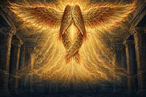 A painting of a seraph burning like fire above the temple, two of its six wings covering its face, two its feet, and two spread in flight.