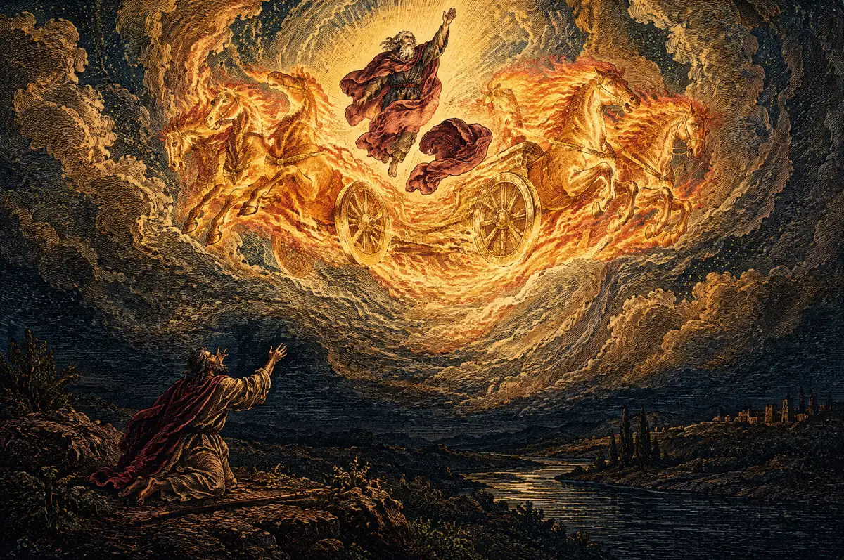 A painting of the chariot of fire and horses of fire carrying Elijah up in a whirlwind as Elisha watches.