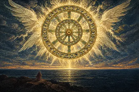 A painting of Ezekiel's wheel: a great upright wheel of gold and beryl with a second wheel set inside it, its rims full of eyes, wreathed in fire, lightning and wings, above a dark sea where the prophet stands.
