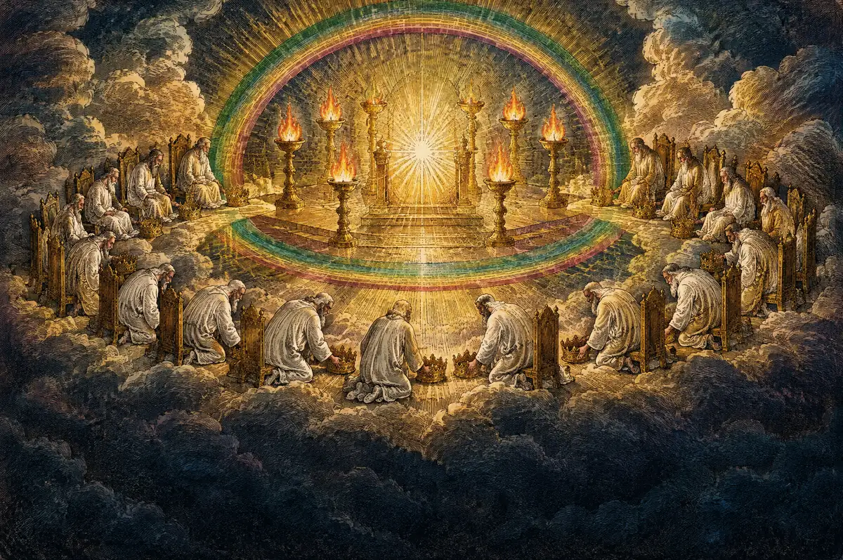 A painting of the twenty-four elders in white casting their golden crowns before the throne.