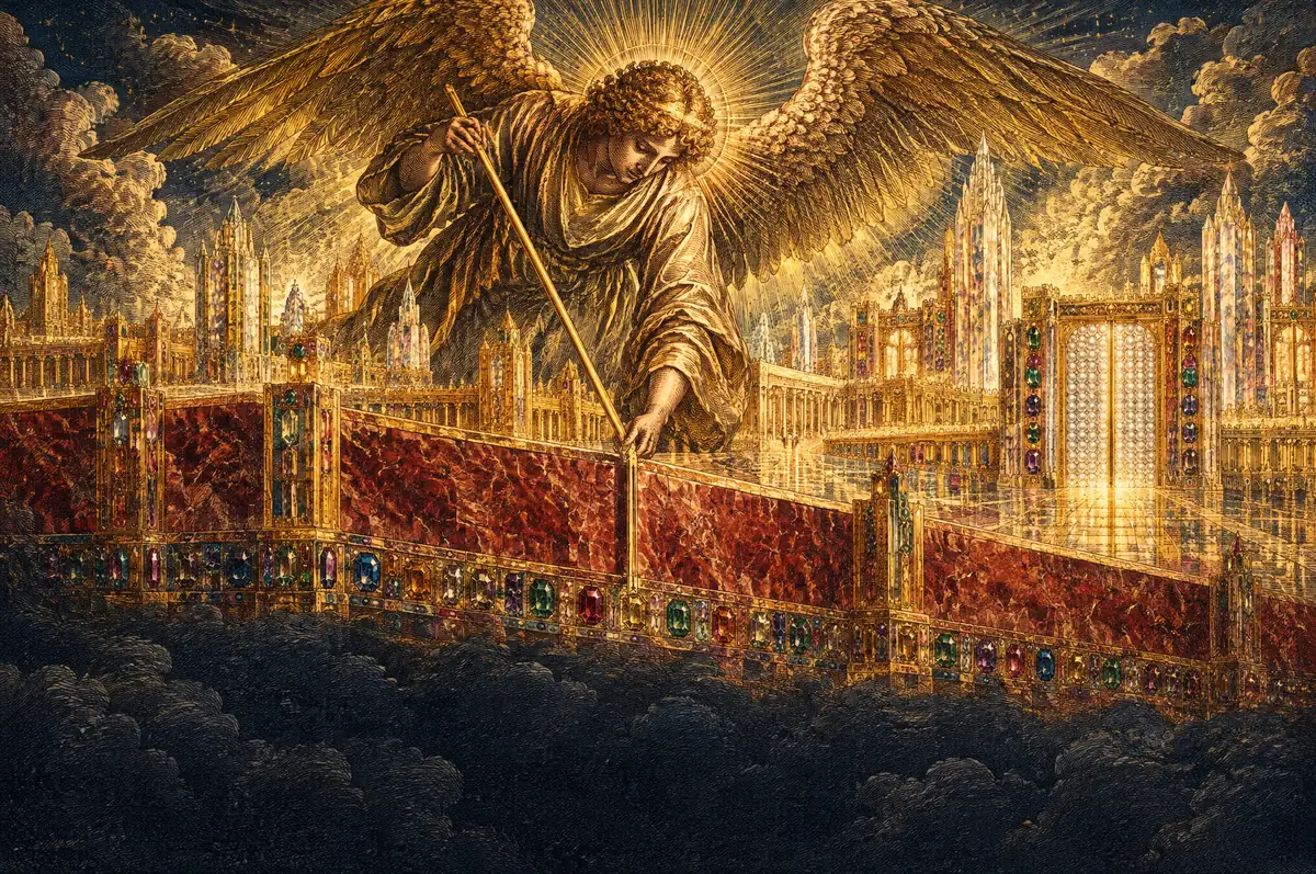 A painting of the angel with a golden reed measuring the jasper wall of the New Jerusalem.
