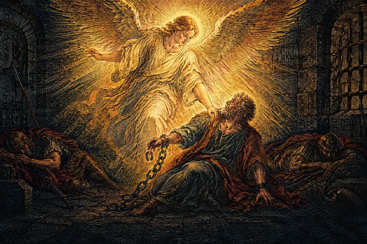 A painting of the angel of the Lord waking Peter in prison, a light filling the cell and the chains falling from his hands.