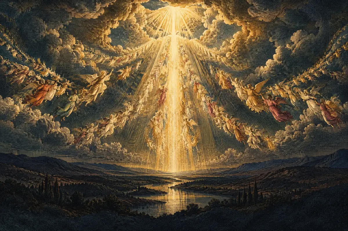 A painting of the heavens opened over the Jordan valley, streams of angels ascending and descending in a column of light.