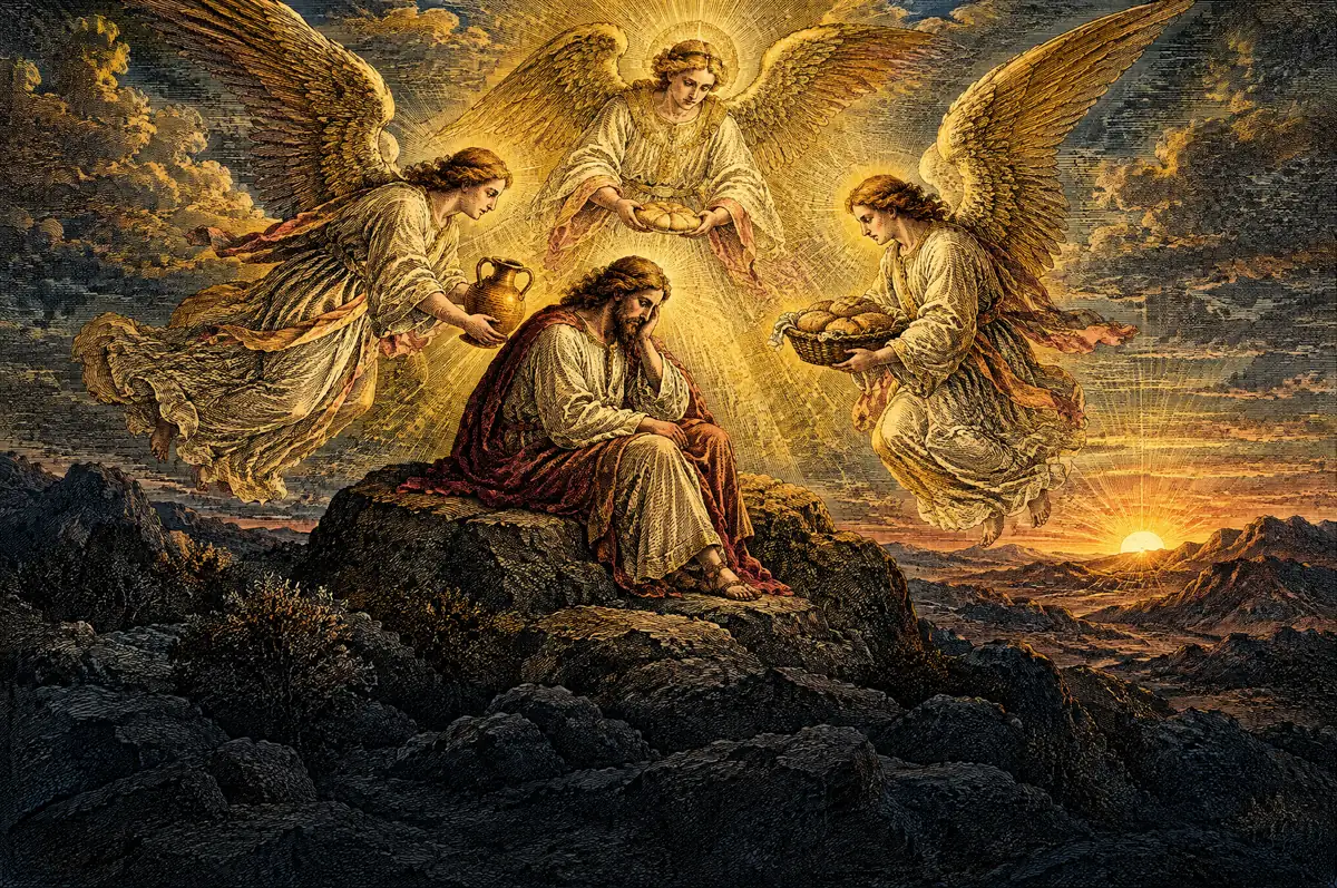 A painting of angels ministering to Jesus in the wilderness after his forty days of fasting.