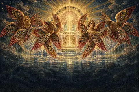 A painting of the four living creatures around the throne, like a lion, a calf, a man and a flying eagle, each with six wings full of eyes.