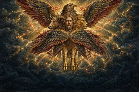 A painting of one of Ezekiel's living creatures with four faces, of a man, a lion, an ox and an eagle, and four wings, its feet gleaming like burnished brass.