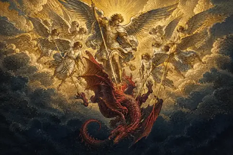 A painting of the archangel Michael and his angels casting the great dragon out of heaven.
