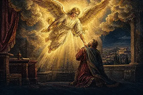 A painting of the angel Gabriel flying swiftly down to Daniel at his evening prayer.