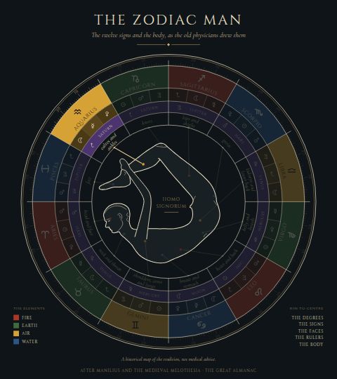 The Zodiac Man, with Aquarius lit: the calves and ankles.