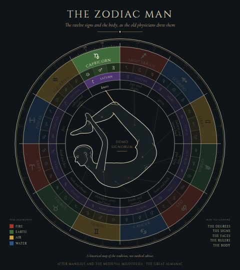 The Zodiac Man, with Capricorn lit: the knees.