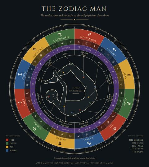 The Zodiac Man: a wheel of the twelve signs coloured by element, with the decans and their planetary rulers, and lines from each sign to the part of the body it was said to rule.