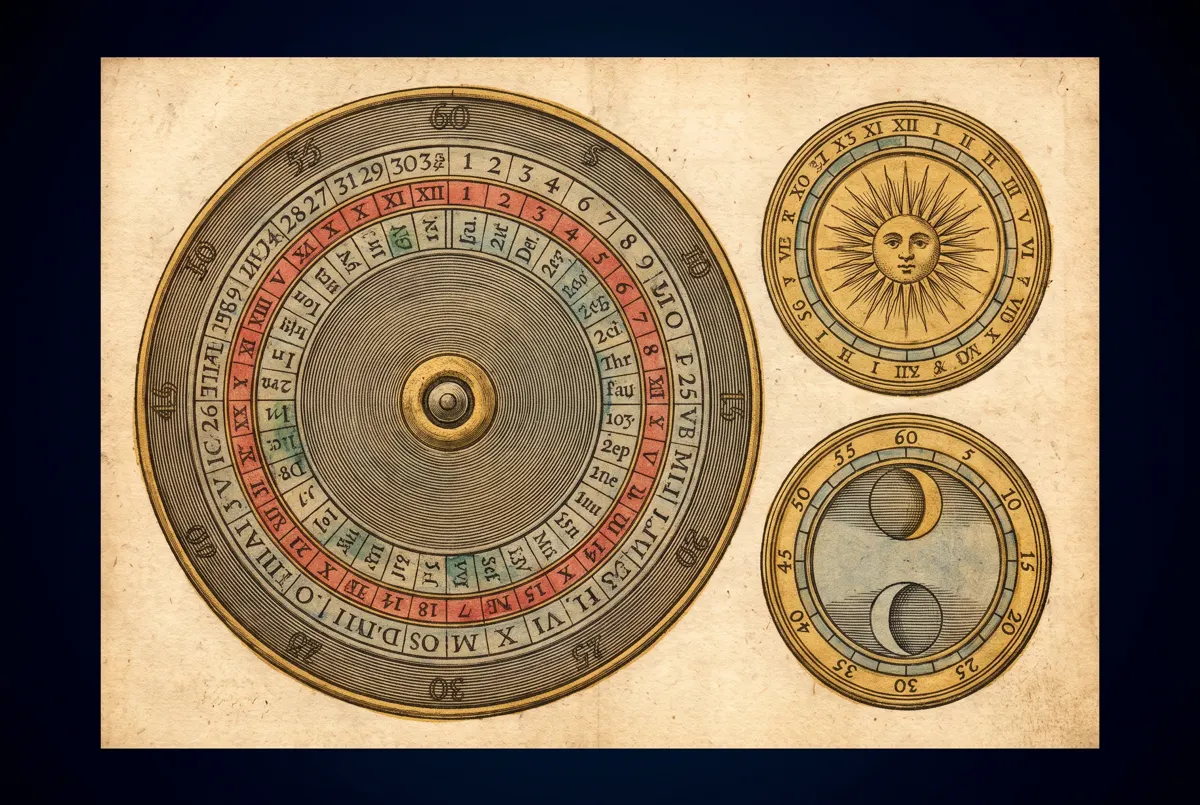 An engraved calendar wheel with a sun dial and a moon dial beside it