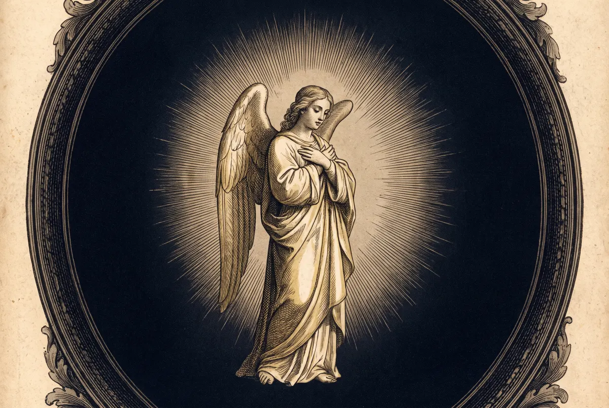 A winged figure standing with folded wings before a rayed light