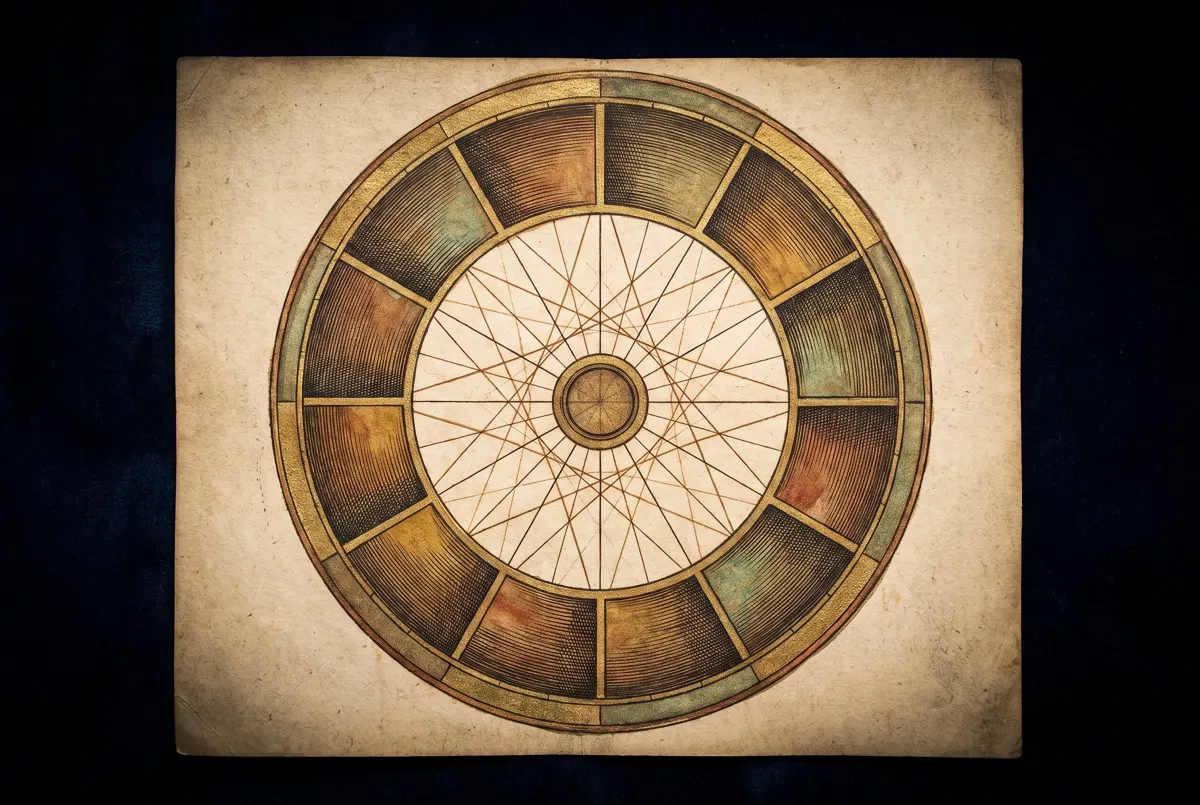 An engraved chart wheel of twelve divisions, ruled aspect lines drawn across it