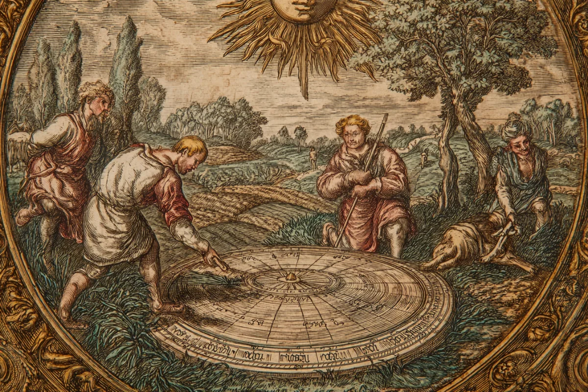 Four countrymen round a great flat sundial in a field under the sun, one sowing and one reaping