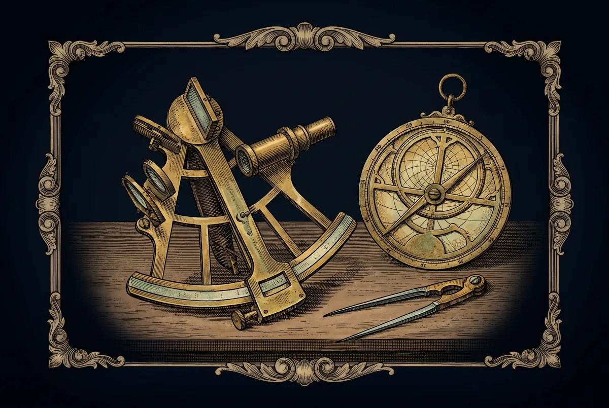 A brass sextant, a mariner’s astrolabe and a pair of dividers