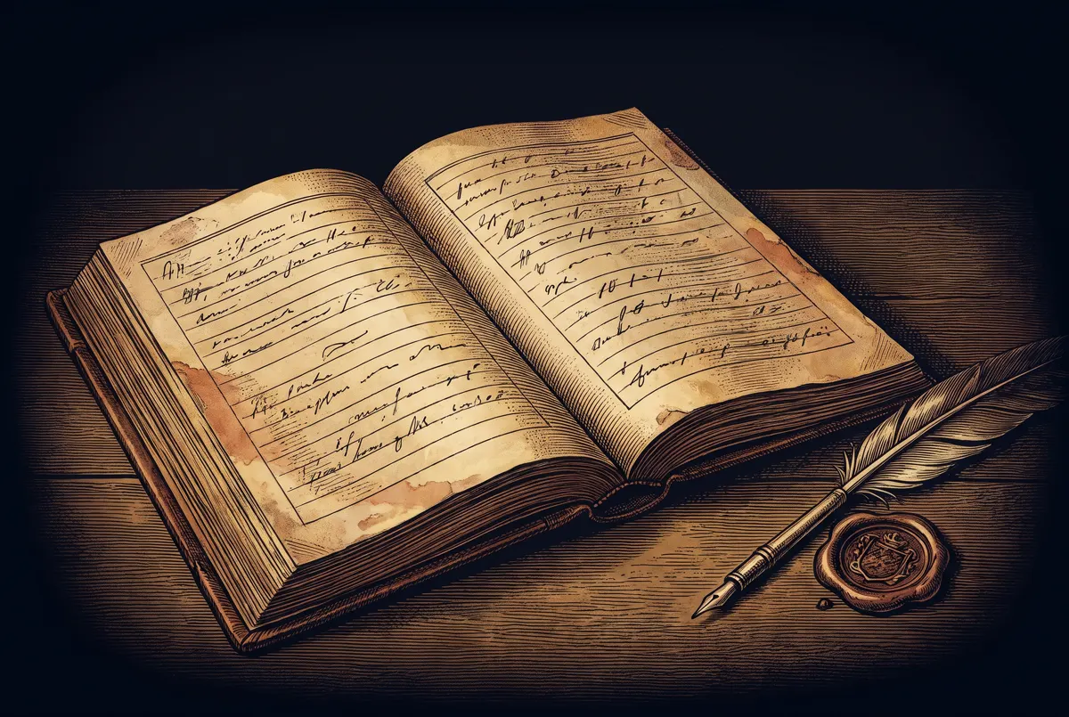 An old bound manuscript lying open, a quill and a wax seal beside it