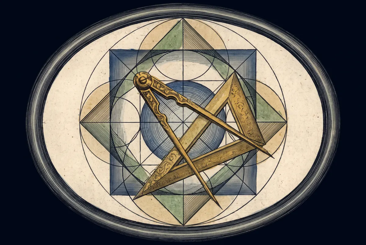 An engraved geometric diagram with compasses and a set square upon it