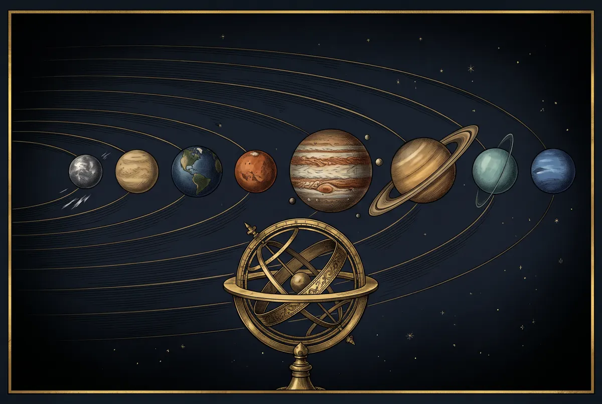The planets on their engraved orbits before a brass armillary sphere