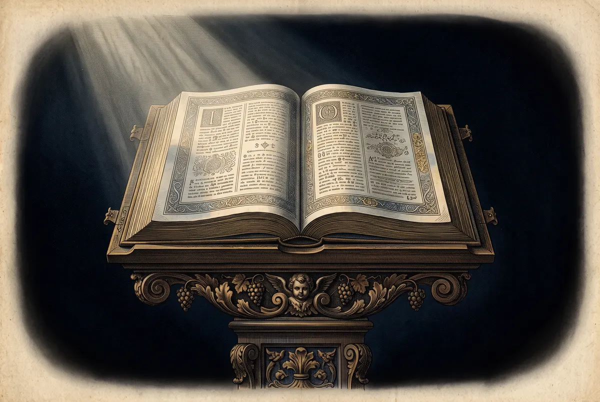 A great book open on a lectern, a shaft of light across its pages