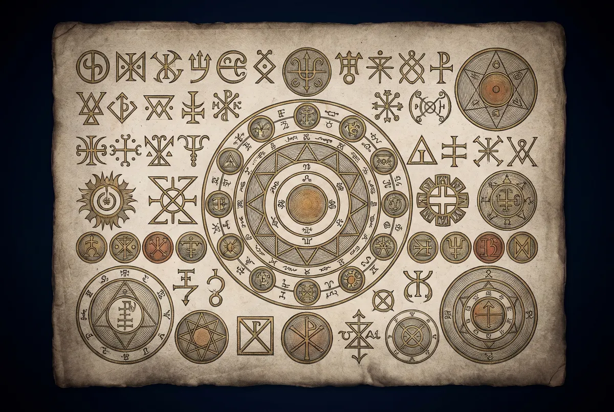 A sheet of engraved sigils and emblems ranged in ordered rows