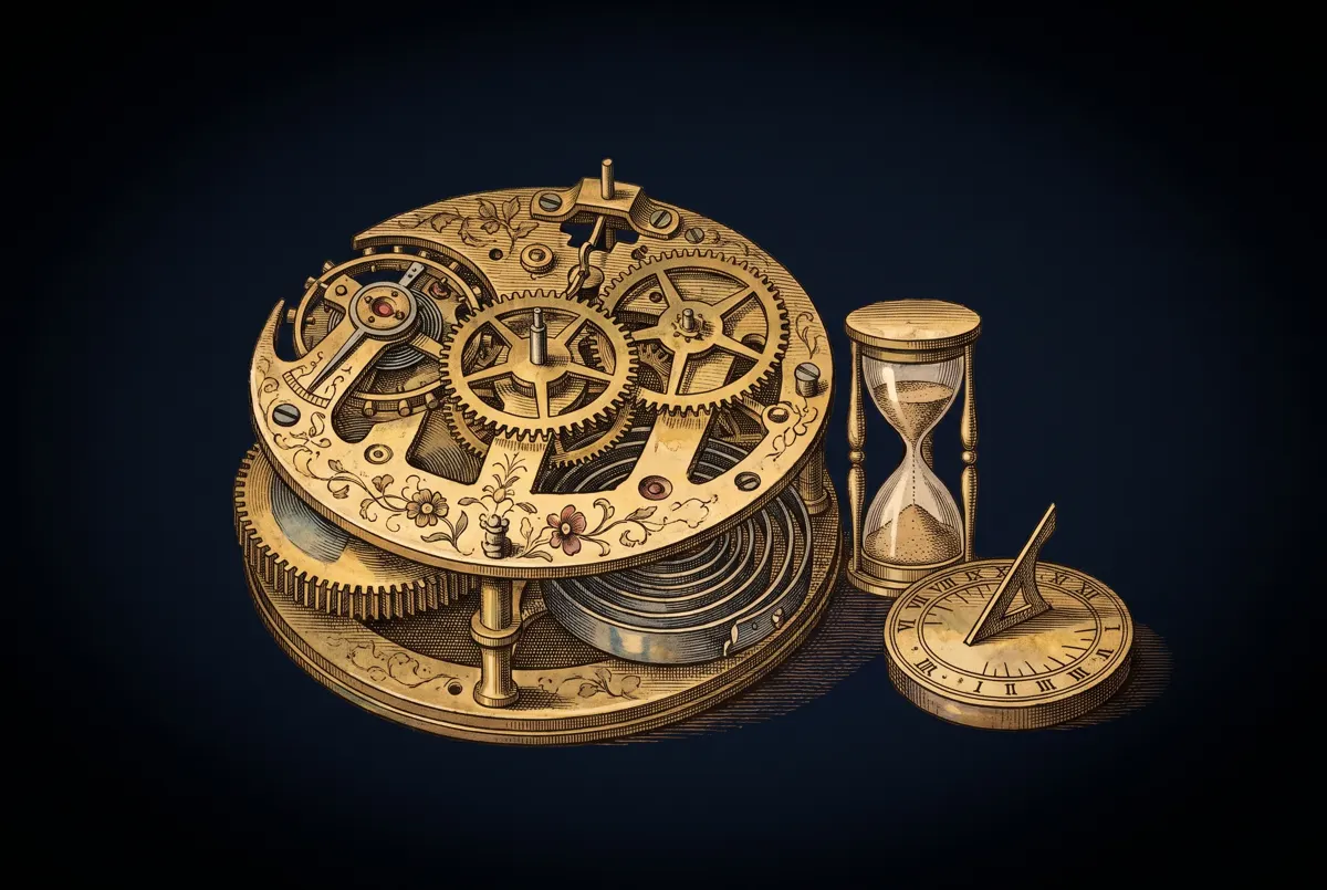 An engraved clock movement with an hourglass and a sundial