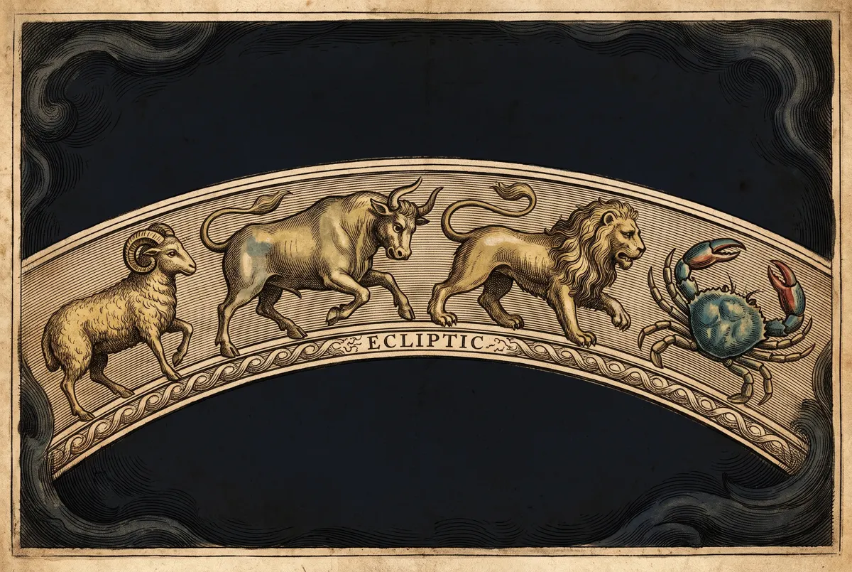 The zodiac constellation figures ranged along an engraved ecliptic