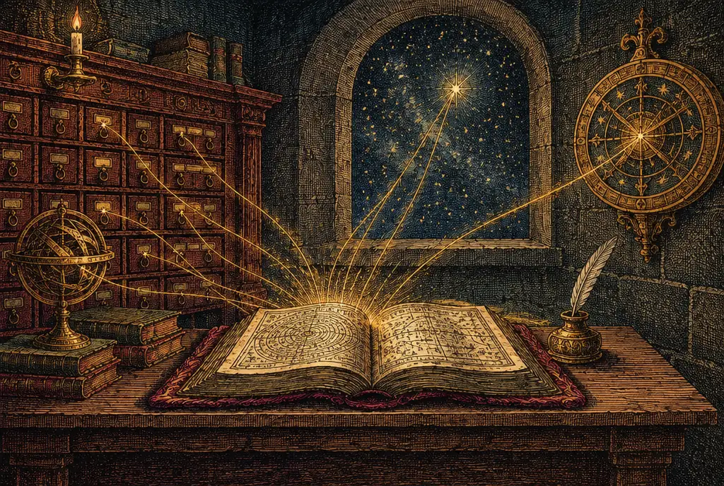 An almanac-maker's workshop at night, golden threads of light running from an open almanac to a chart wheel on the wall, a cabinet of small drawers and a window of stars