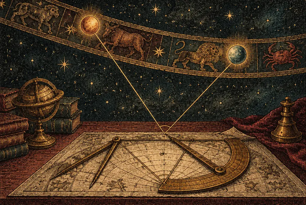 Two glowing planets on the band of the zodiac joined by fine golden lines into an angle, measured again with a brass protractor and dividers on a chart below