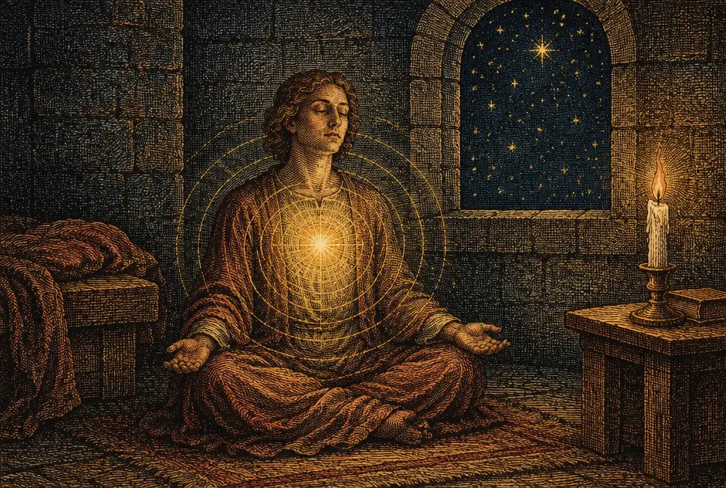 A person seated in quiet contemplation by a candle in a stone cell at night, soft rings of golden light spreading from the heart