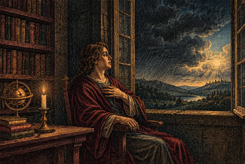 A person sitting calmly by an open window between a storm outside and a quiet candlelit room, a hand on the chest, the clouds beginning to part over the hills