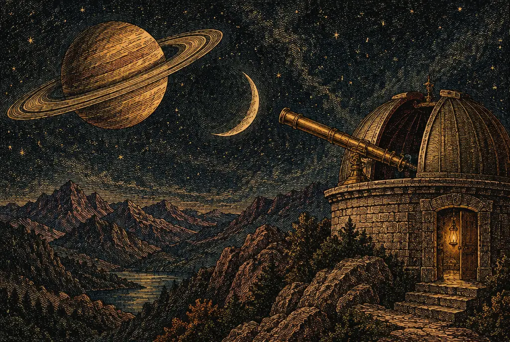 A great ringed planet and a crescent moon low over a mountain observatory at night, its dome open and a brass telescope turned toward them