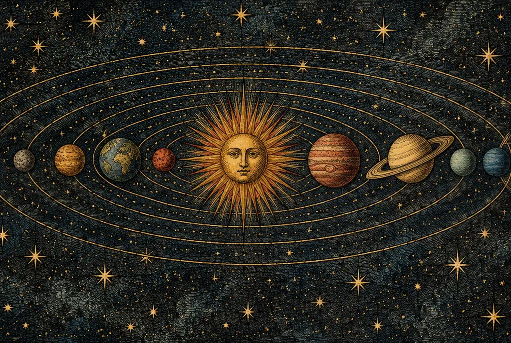 The planets on fine golden orbits around a radiant sun with a calm face, in a night-blue sky of stars, a ringed planet among them