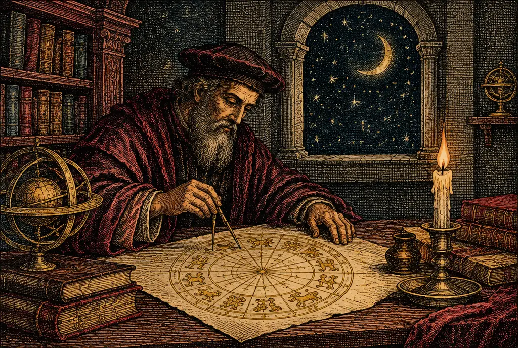 An astrologer drawing a round birth chart on parchment with a brass compass by candlelight, a crescent moon in the window behind him