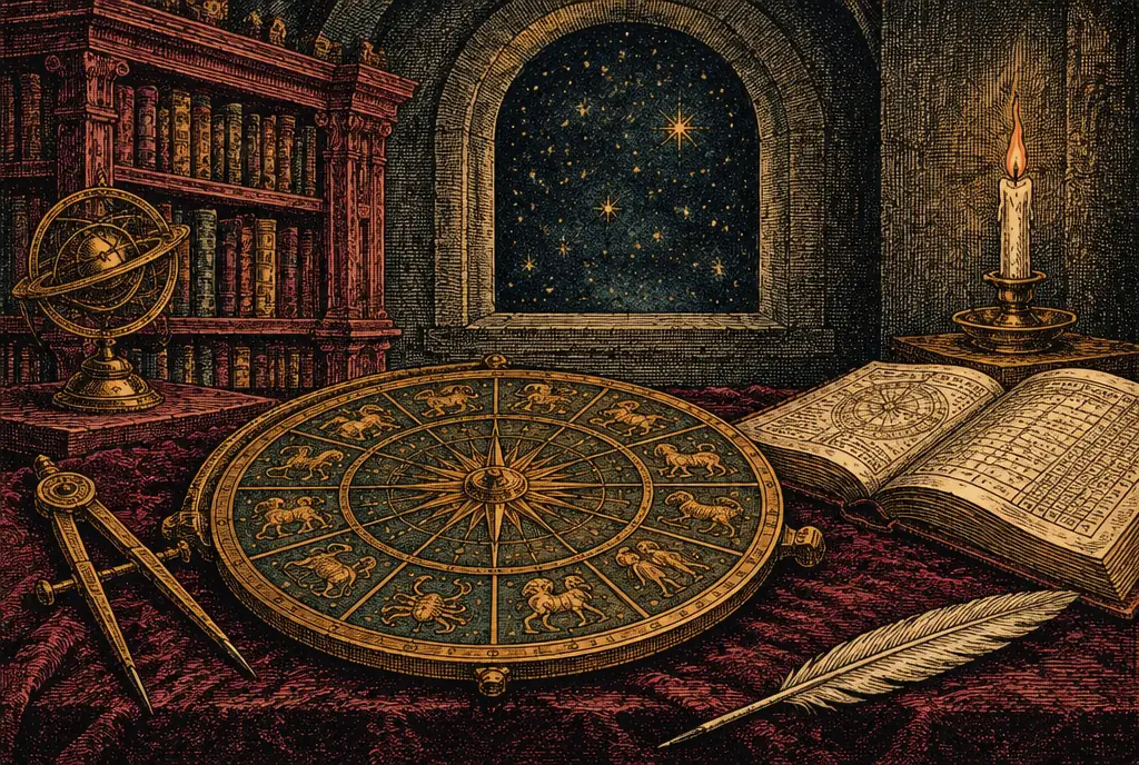 An engraved brass chart wheel of twelve divisions on an astrologer's table under a window of stars, with dividers, a quill and a book of tables