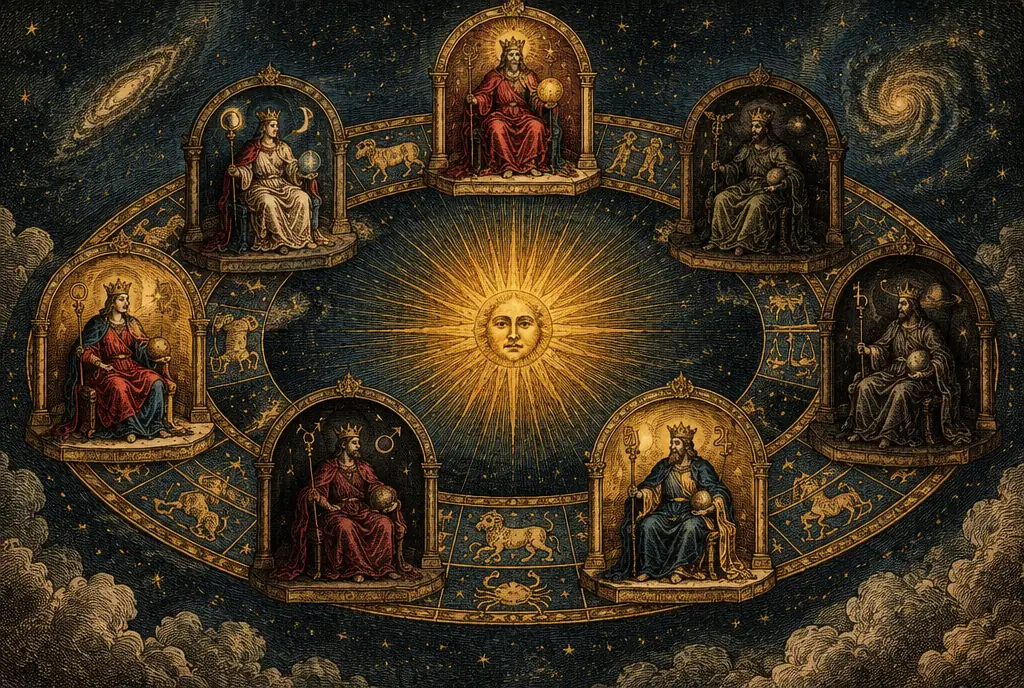 Seven crowned planetary rulers enthroned in a circle around a radiant sun, each seated in its own arched house of the zodiac