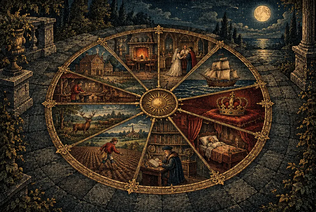 A great wheel of twelve wedges set into a moonlit courtyard floor, seen from above, each wedge holding a small scene of life: a hearth, a wedding, a ship, a crown, a study