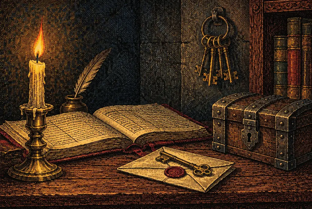 A brass key on a letter sealed with red wax beside an open ledger and a small iron-bound casket on a candlelit desk, a ring of keys on the wall