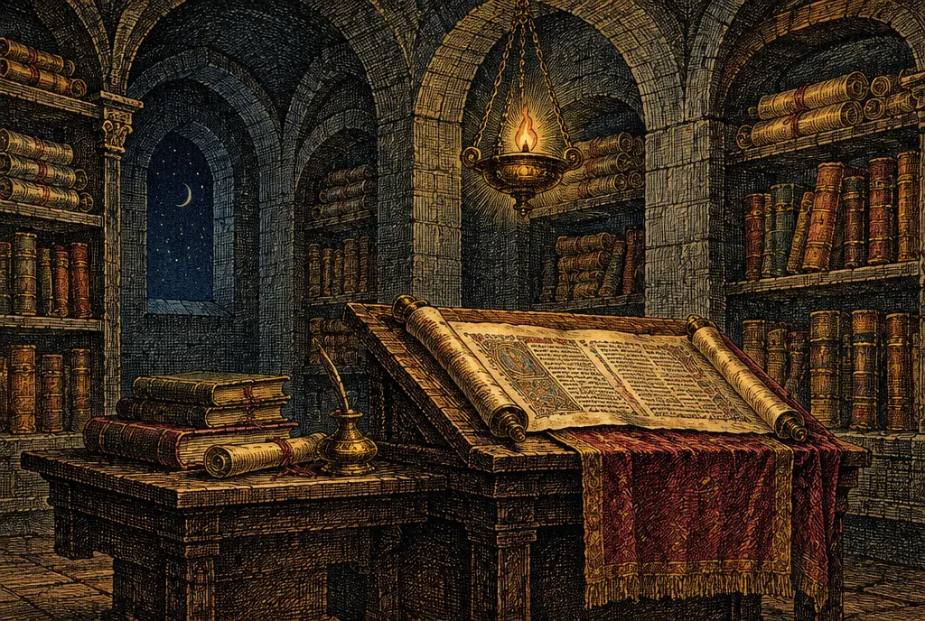 Scrolls and bound codices in the stone niches of a vaulted library at night, a hanging lamp glowing over a scroll unrolled on a reading stand